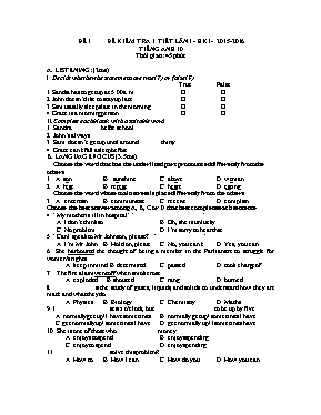 Bộ đề kiểm tra 1 tiết lần I học kỳ I môn Tiếng Anh Lớp 10 - Năm học 2015-2016